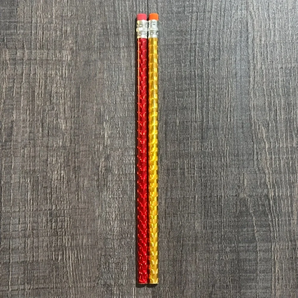 💞 New Set of 2 Red & Gold Holographic Wood Pencils With Erasers